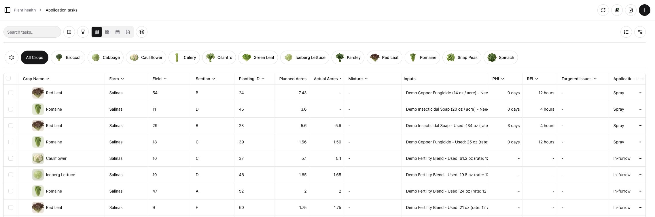 Review application inputs, acreage, methods and REI or PHI in the crop context.