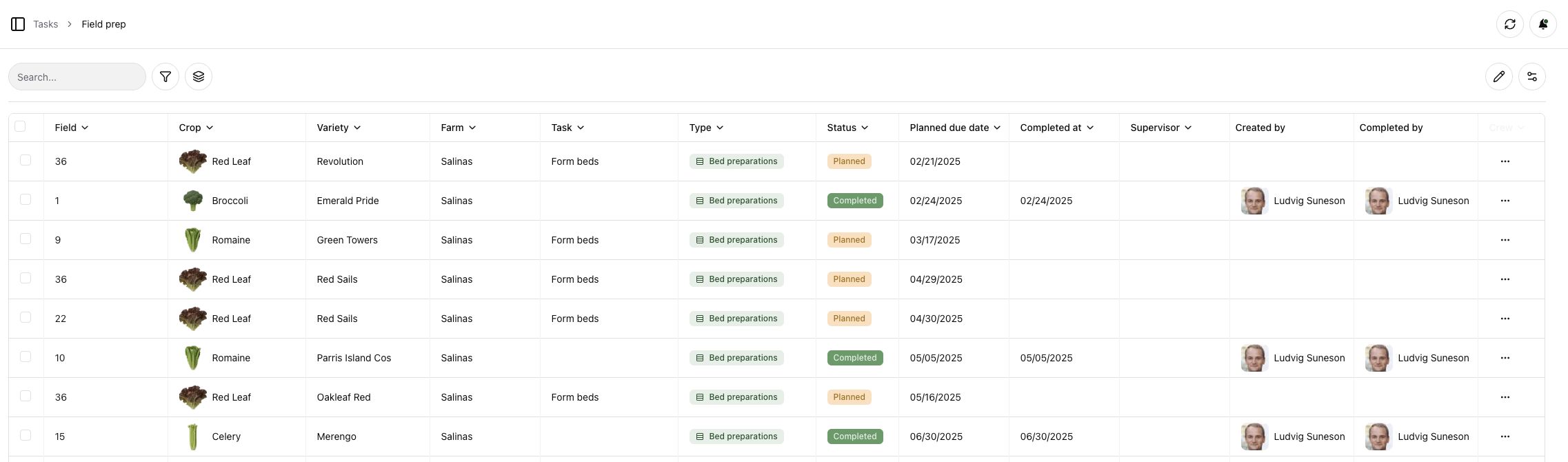 Coordinate field-preparation work with crop, location, timing and status.